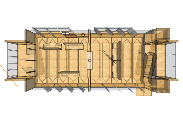 Plan layout showing mobile art-display/storage walls